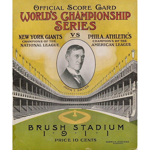 Offical Score Card Worlds Championship Series - New York Giants vs Philadelphia Athletics, 1880 Black Modern Wood Framed Art Print with Double Matting by Stevens,