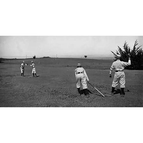 Four Boys With A Ball and Two Bats, Playing Two Old Cat White Modern Wood Framed Art Print by A.G. Spalding Baseball Collection