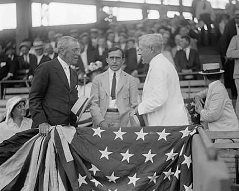 President Woodrow Wilson at a Baseball Game Black Ornate Wood Framed Art Print with Double Matting by Harris and Ewing Collection