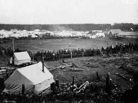 Baseball game - Anchorage - July 4th 1915 Black Ornate Wood Framed Art Print with Double Matting by Laurence,