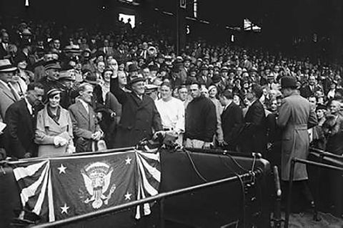 Franklin D. Roosevelt at Baseball Game, 1932 or 1933 White Modern Wood Framed Art Print with Double Matting by Harris and Ewing Collection