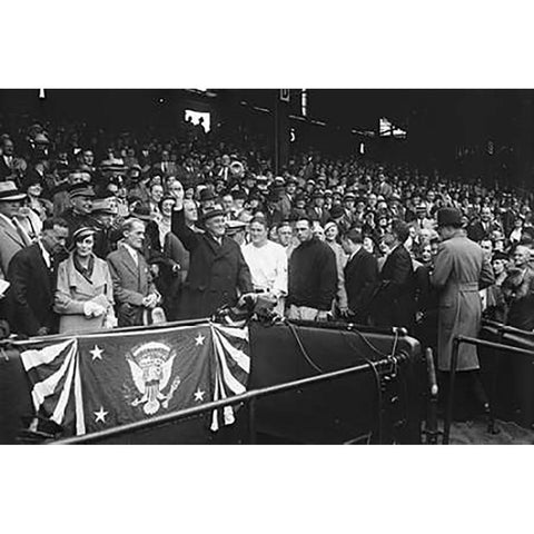 Franklin D. Roosevelt at Baseball Game, 1932 or 1933 Black Modern Wood Framed Art Print with Double Matting by Harris and Ewing Collection