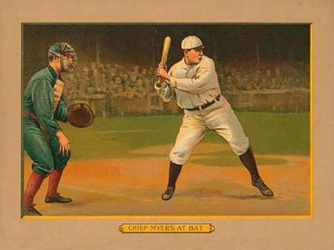 Chief Myers at Bat, Baseball Card, 1911 Black Ornate Wood Framed Art Print with Double Matting by American Tobacco Company