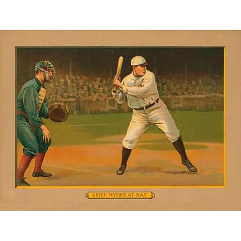 Chief Myers at Bat, Baseball Card, 1911 White Modern Wood Framed Art Print by American Tobacco Company