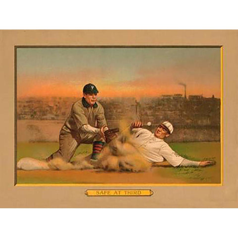 Safe at Third, Baseball Card Gold Ornate Wood Framed Art Print with Double Matting by American Tobacco Company