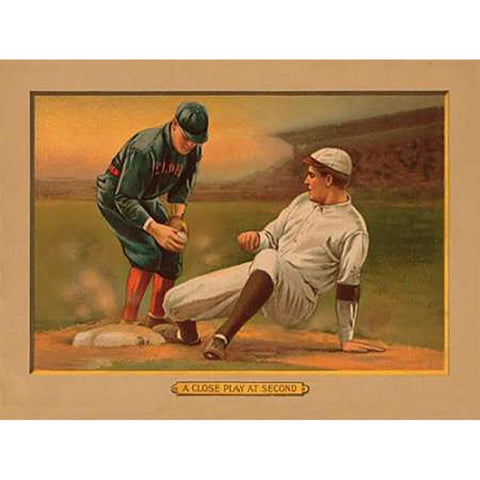 A Close Play at Second, Baseball Card Gold Ornate Wood Framed Art Print with Double Matting by American Tobacco Company