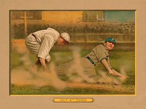 Out at Third, Baseball Card Black Ornate Wood Framed Art Print with Double Matting by American Tobacco Company