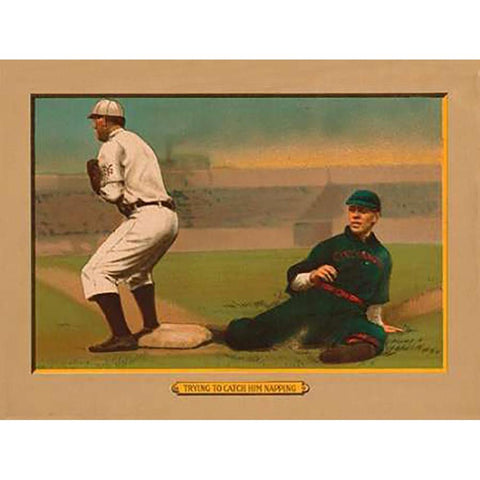 Trying to Catch Him Napping, Baseball Card White Modern Wood Framed Art Print by American Tobacco Company