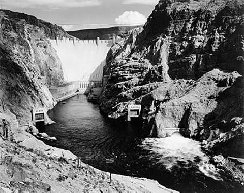 Hoover Dam from Across the Colorado River - National Parks and Monuments, 1941 White Modern Wood Framed Art Print with Double Matting by Adams, Ansel