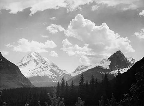 Mountains and Clouds, Glacier National Park, Montana - National Parks and Monuments, 1941 White Modern Wood Framed Art Print with Double Matting by Adams, Ansel