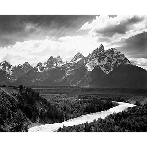 View from river valley towards snow covered mountains, river in foreground, Grand Teton National Par White Modern Wood Framed Art Print by Adams, Ansel