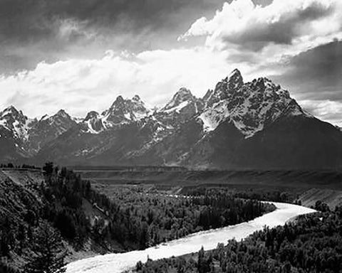 View from river valley towards snow covered mountains, river in foreground, Grand Teton National Par White Modern Wood Framed Art Print with Double Matting by Adams, Ansel