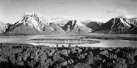 Mt. Moran and Jackson Lake from Signal Hill, Grand Teton National Park, Wyoming, 1941 Black Ornate Wood Framed Art Print with Double Matting by Adams, Ansel