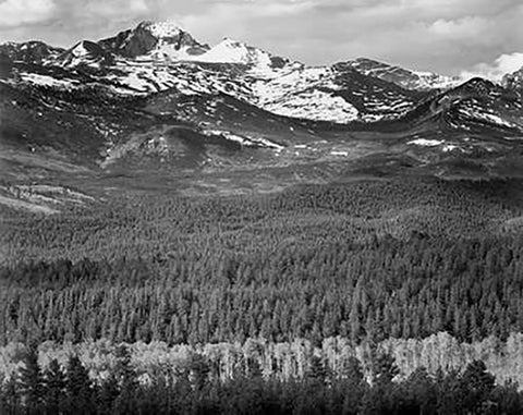 Longs Peak from Road, Rocky Mountain National Park, Colorado, 1941 White Modern Wood Framed Art Print with Double Matting by Adams, Ansel