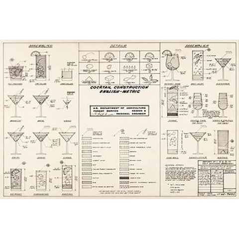 The Cocktail Construction Chart, U.S. National Forest Service, 1974 Black Modern Wood Framed Art Print with Double Matting by Ketcham, Cleve Red"