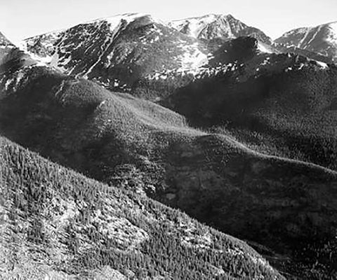 Hills and mountains, in Rocky Mountain National Park, Colorado, ca. 1941-1942 White Modern Wood Framed Art Print with Double Matting by Adams, Ansel