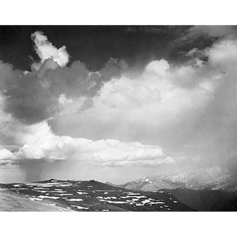 Mountain tops, low horizon, dramatic clouded sky, in Rocky Mountain National Park, Colorado, ca. 194 Black Modern Wood Framed Art Print with Double Matting by Adams, Ansel