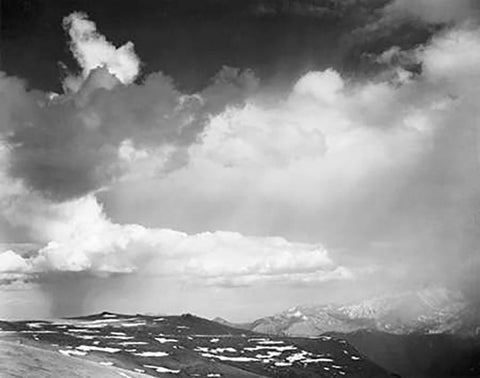 Mountain tops, low horizon, dramatic clouded sky, in Rocky Mountain National Park, Colorado, ca. 194 Black Ornate Wood Framed Art Print with Double Matting by Adams, Ansel