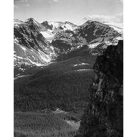 View of snow-capped mountain timbered area below, in Rocky Mountain National Park, Colorado, ca. 194 White Modern Wood Framed Art Print by Adams, Ansel