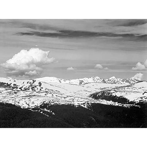 View at timberline, dark foreground, light snow capped mountain, gray sky, in Rocky Mountain Nationa White Modern Wood Framed Art Print by Adams, Ansel