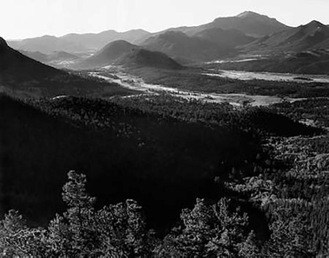 Valley surrounded by mountains, in Rocky Mountain National Park, Colorado, ca. 1941-1942 White Modern Wood Framed Art Print with Double Matting by Adams, Ansel