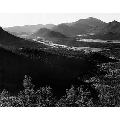 Valley surrounded by mountains, in Rocky Mountain National Park, Colorado, ca. 1941-1942 Black Modern Wood Framed Art Print with Double Matting by Adams, Ansel