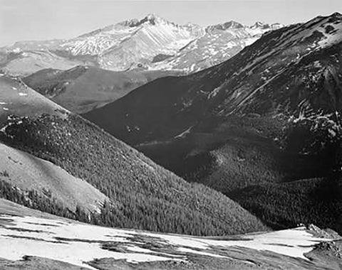 Longs Peak in Rocky Mountain National Park, Colorado, ca. 1941-1942 White Modern Wood Framed Art Print with Double Matting by Adams, Ansel