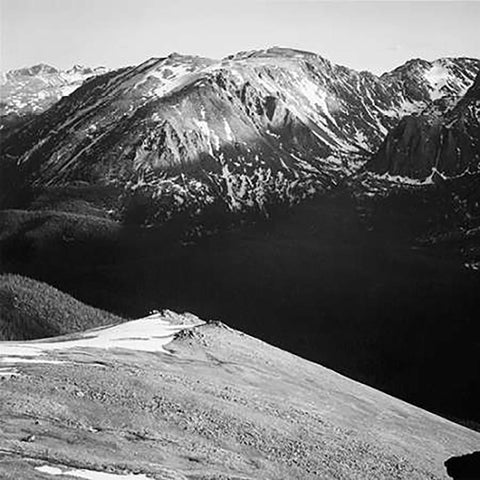 Panorama of barren mountains and shadowed valley, in Rocky Mountain National Park, Colorado, ca. 194 Black Ornate Wood Framed Art Print with Double Matting by Adams, Ansel