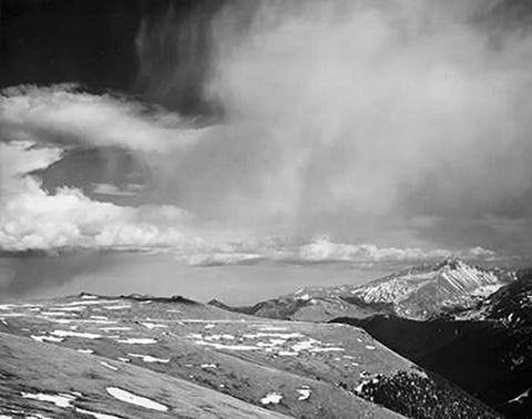 Mountain tops, low horizen, low hanging clouds, in Rocky Mountain National Park, Colorado, ca. 1941- White Modern Wood Framed Art Print with Double Matting by Adams, Ansel