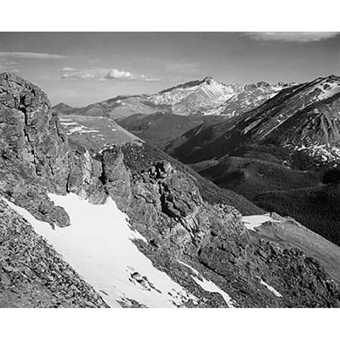 View of barren mountains with snow, in Rocky Mountain National Park, Colorado, ca. 1941-1942 White Modern Wood Framed Art Print by Adams, Ansel