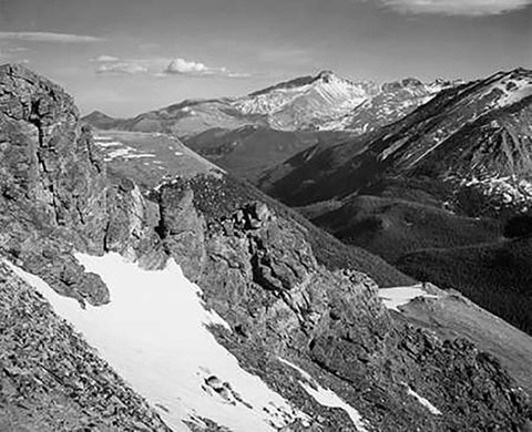 View of barren mountains with snow, in Rocky Mountain National Park, Colorado, ca. 1941-1942 White Modern Wood Framed Art Print with Double Matting by Adams, Ansel