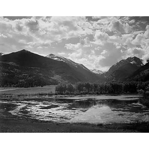 Lake and trees in foreground, mountains and clouds in background, in Rocky Mountain National Park, C Black Modern Wood Framed Art Print with Double Matting by Adams, Ansel