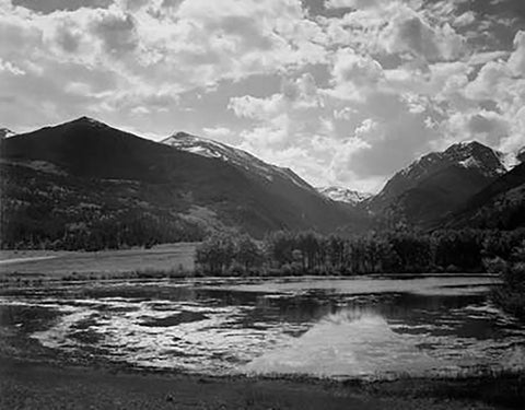 Lake and trees in foreground, mountains and clouds in background, in Rocky Mountain National Park, C White Modern Wood Framed Art Print with Double Matting by Adams, Ansel