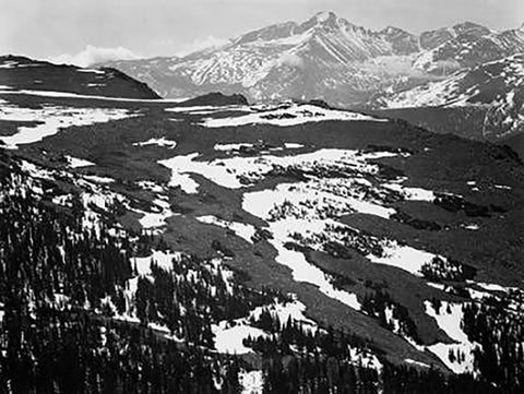 View of plateau, snow covered mountain in background, Longs Peak, in Rocky Mountain National Park, C White Modern Wood Framed Art Print with Double Matting by Adams, Ansel