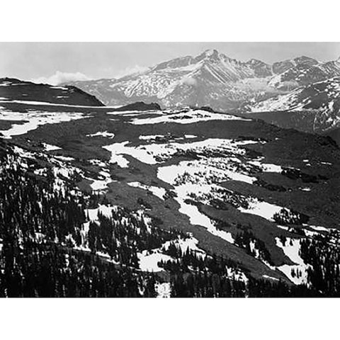 View of plateau, snow covered mountain in background, Longs Peak, in Rocky Mountain National Park, C White Modern Wood Framed Art Print by Adams, Ansel