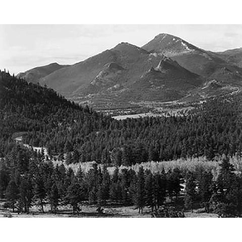 View with trees in foreground, barren mountains in background, in Rocky Mountain National Park, Colo White Modern Wood Framed Art Print by Adams, Ansel