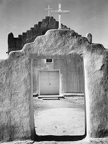 Front view of entrance, Church, Taos Pueblo National Historic Landmark, New Mexico, 1942 White Modern Wood Framed Art Print with Double Matting by Adams, Ansel