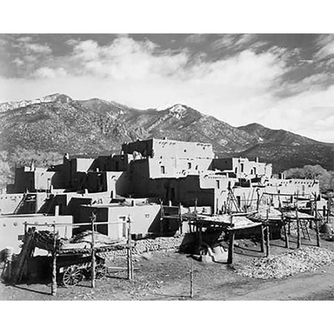 Full view of city, mountains in background, Taos Pueblo National Historic Landmark, New Mexico, 1941 Black Modern Wood Framed Art Print with Double Matting by Adams, Ansel