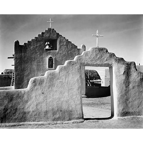 Full side view of entrance with gate to the right, Church, Taos Pueblo National Historic Landmark, N White Modern Wood Framed Art Print by Adams, Ansel