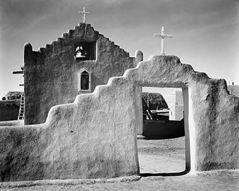 Full side view of entrance with gate to the right, Church, Taos Pueblo National Historic Landmark, N Black Ornate Wood Framed Art Print with Double Matting by Adams, Ansel