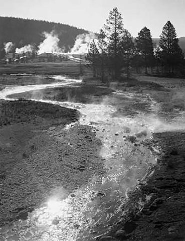 Stream winding back toward geyser, Central Geyser Basin, Yellowstone National Park, Wyoming, ca. 194 Black Ornate Wood Framed Art Print with Double Matting by Adams, Ansel