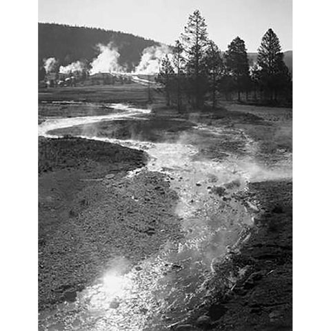 Stream winding back toward geyser, Central Geyser Basin, Yellowstone National Park, Wyoming, ca. 194 White Modern Wood Framed Art Print by Adams, Ansel