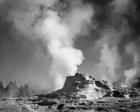 Castle Geyser Cove, Yellowstone National Park, Wyoming, ca. 1941-1942 White Modern Wood Framed Art Print with Double Matting by Adams, Ansel