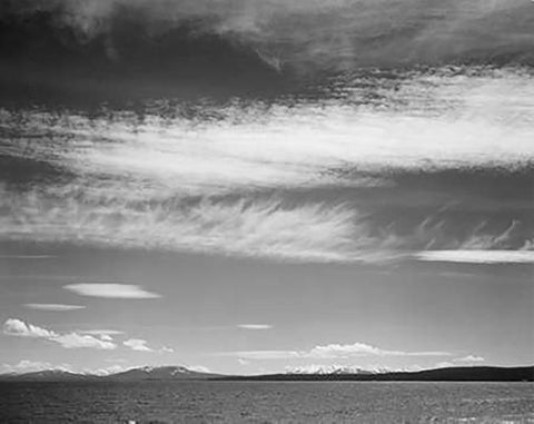 Lake, narrow strip of mountains, low horizon, Yellowstone Lake, Yellowstone National Park, Wyoming,  White Modern Wood Framed Art Print with Double Matting by Adams, Ansel