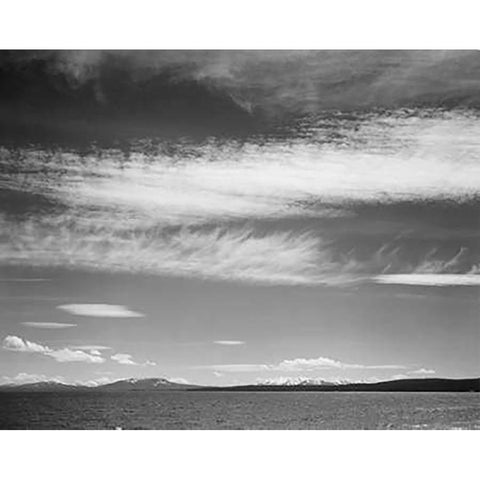 Lake, narrow strip of mountains, low horizon, Yellowstone Lake, Yellowstone National Park, Wyoming,  Black Modern Wood Framed Art Print by Adams, Ansel