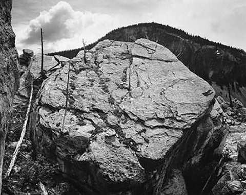 Boulder with hill in background, Rocks at Silver Gate, Yellowstone National Park, Wyoming, ca. 1941- White Modern Wood Framed Art Print with Double Matting by Adams, Ansel