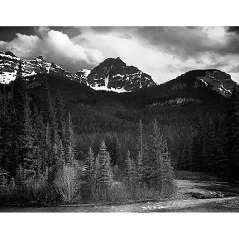 View of streamside trees and snow on mountains - Northeast Portion, Yellowstone National Park, Wyomi White Modern Wood Framed Art Print by Adams, Ansel