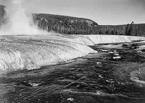 River in foreground, trees behind, Firehold River, Yellowstone National Park, Wyoming, ca. 1941-1942 Black Ornate Wood Framed Art Print with Double Matting by Adams, Ansel