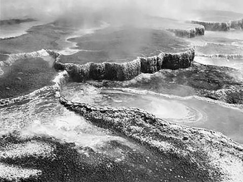 Aerial view of Jupiter Terrace, Yellowstone National Park, Wyoming ca. 1941-1942 Black Ornate Wood Framed Art Print with Double Matting by Adams, Ansel