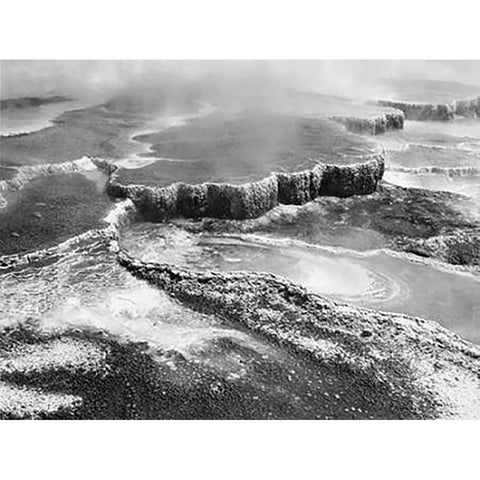 Aerial view of Jupiter Terrace, Yellowstone National Park, Wyoming ca. 1941-1942 White Modern Wood Framed Art Print by Adams, Ansel